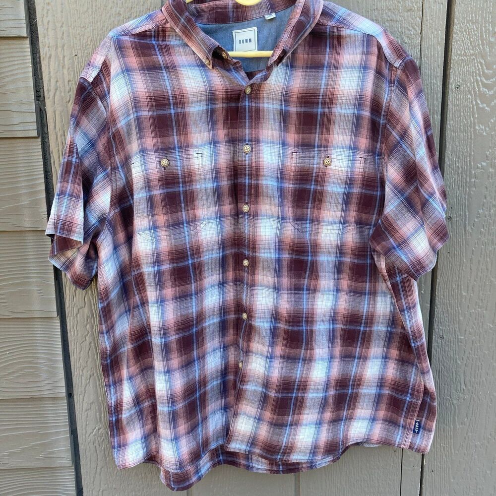 Rowm Burgundy Plaid Button Down Shirt Men’s Size 2XB Short Sleeve Big Tall